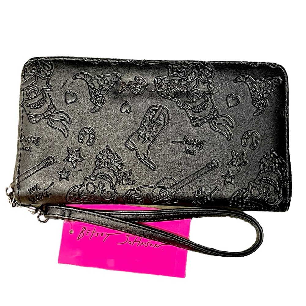 Betsey Johnson Black Embossed Wristlet Clutch with Pink Tag